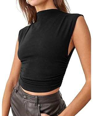 Lauweion Women Sleeveless Mock Neck Crop Top Side Ruched Slim Fit Asymmetrical Hem Solid Basic Hi... | Amazon (US)