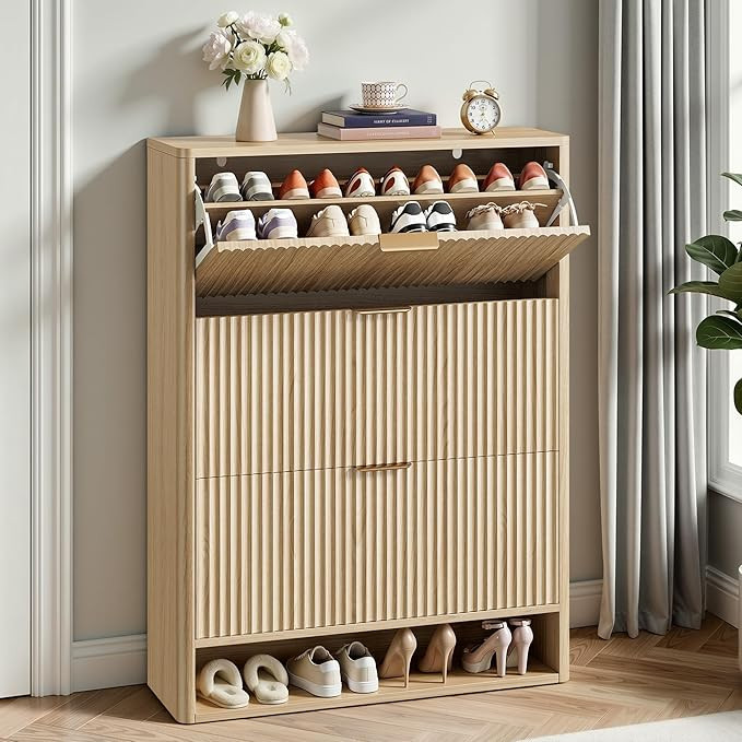 IRONCK Fluted Shoe Cabinet Storage for Entryway with 3 Flip Drawers, Hidden Shoes Storage Cabinet... | Amazon (US)
