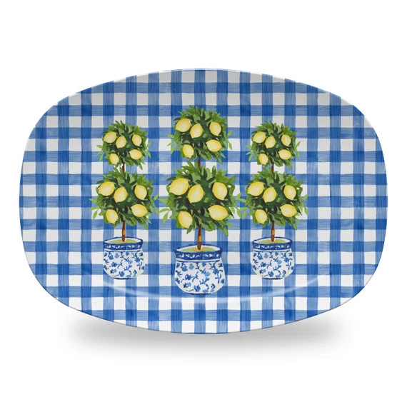 blue and white lemons platter, lemons topiary personalized platter, wedding gift, gingham, housew... | Etsy (US)