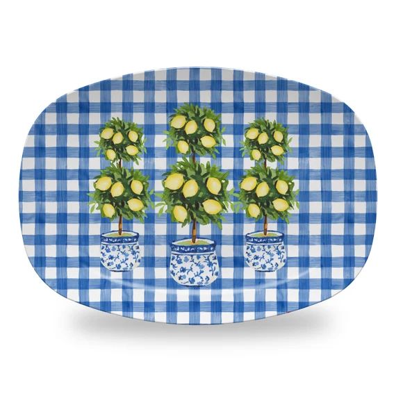 blue and white lemons platter, lemons topiary personalized platter, wedding gift, gingham, housew... | Etsy (US)