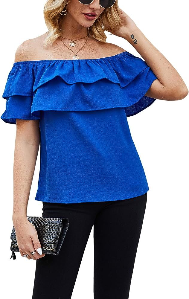 Hibluco Women's Off Shoulder Ruffle Blouse Loose Summer Tee Shirt Tops at Amazon Women’s Clothi... | Amazon (US)