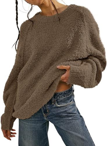 Beaully Women's Oversized Long Sleeve Crewneck Fuzzy Knit Warm Sweaters 2025 Fall Pullover Sweater Tops 6108 Khaki L | Amazon (US)