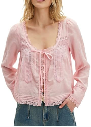 Women Summer Sheer Tie Front Top Y2k Peplum Chiffon Blouse Eyelet Long Sleeve Flowy Lace Beach Co... | Amazon (US)
