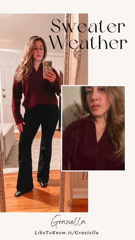 Sweater weather is finally here! This fuzzy burgundy sweater is oh so soft, warm and stylish- perfect for the holidays paired with these skinny bootcut jeans that give a chill 90’s vibe. Top is a relaxed, stretchy fit- I’m wearing it in XS, and jeans are high rise bootcut/flare in size 26 with a somewhat tight old-school, cottony denim feel.——-
#ltkfall #ltksweaters #sweaterweather #madewell

#LTKSeasonal #LTKVideo