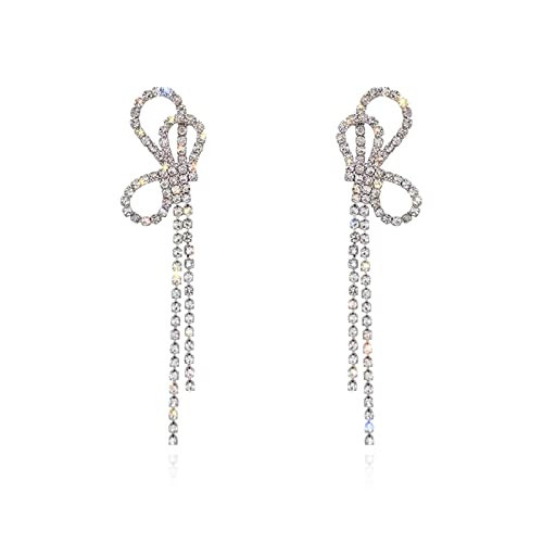HERIER Rhinestones Earrings for Women Silver Rhinestone Bow Dangle Drop Tassel Earrings Sparkly Long Statement Earring Jewelry | Amazon (US)