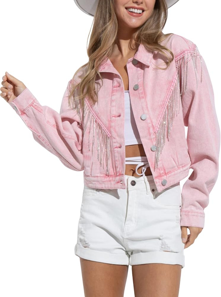 Joiemont Womens Denim Jacket with Fringe Rhinestones Long Sleeve Casual Tassel Jean Coat | Amazon (US)