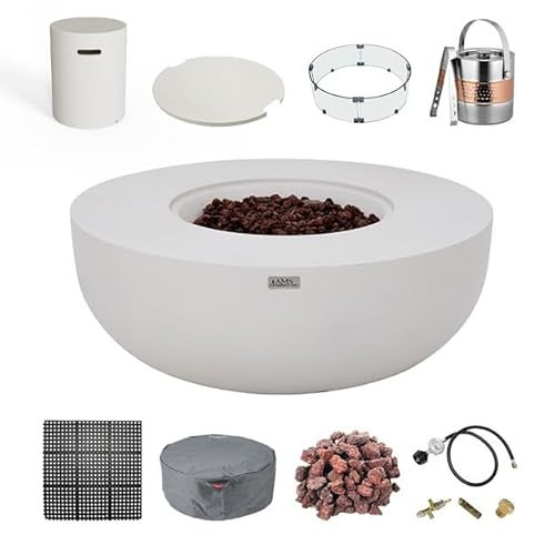 AMS Creations | Eclipse 44" Bundle Round Cast Concrete Propane Gas Fire Pit Bowl Table | Cream White | Smooth Texture Surface | Electronic Ignition | Outdoor Patio Heater Outside Backyard Fireplace | Amazon (US)