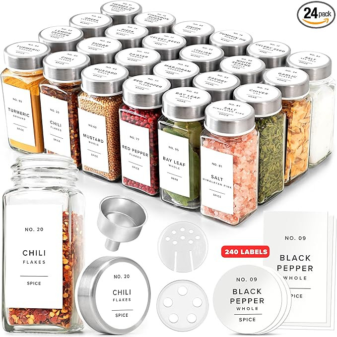 Glass Spice Jars with Label and Stainless Steel Lids (24 x 4oz) Spice Containers with 240 Labels,... | Amazon (US)