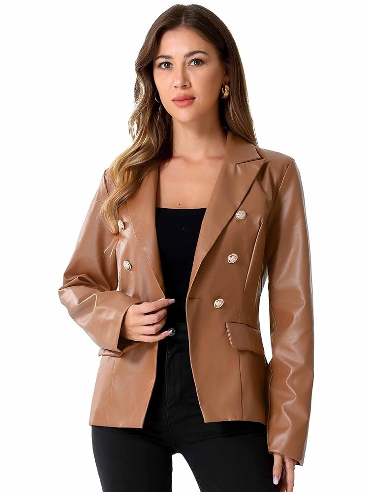 Allegra K Women's Faux PU Leather Blazers Double Breasted Motorcycle Moto Biker Jackets | Amazon (US)