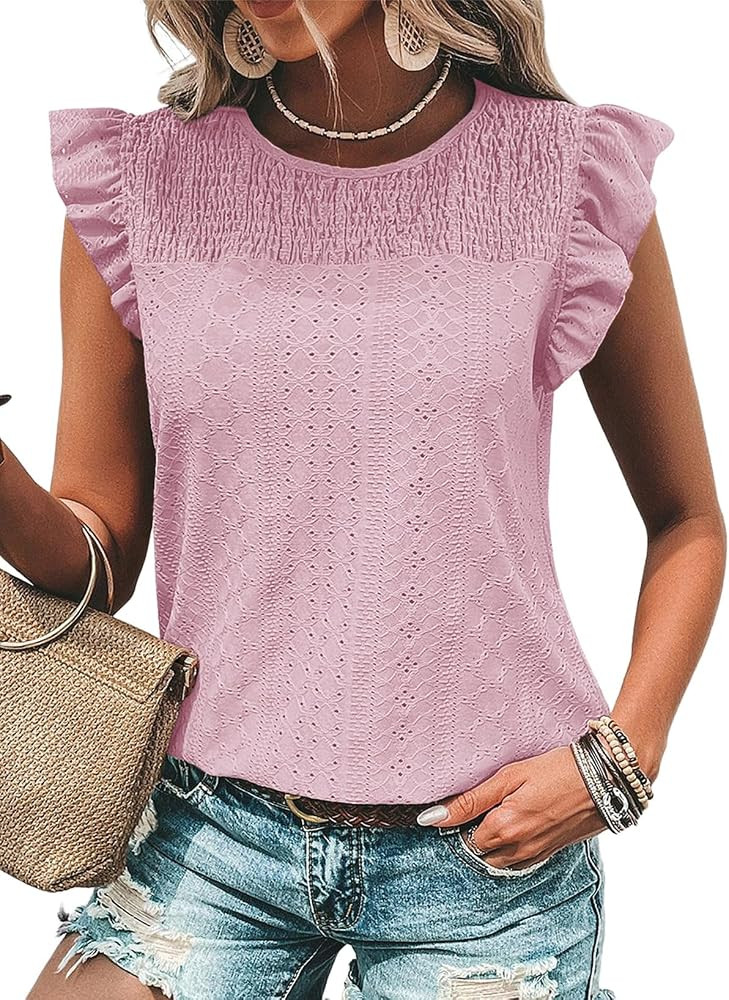 Dokotoo Womens Summer Knit Tops 2025 Hollow Out Crewneck Cute Ruffle Short Sleeve Womens T Shirts... | Amazon (US)