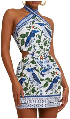 MakeMeChic Women's Boho Mini Dress Summer Beach Vacation Halter Dresses Floral Sundress | Amazon (US)