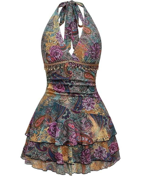 Women's Boho Printed Halter Mini Dress Vintage Floral Ruched Layered Tie Backless Sleeveless Hipp... | Amazon (US)