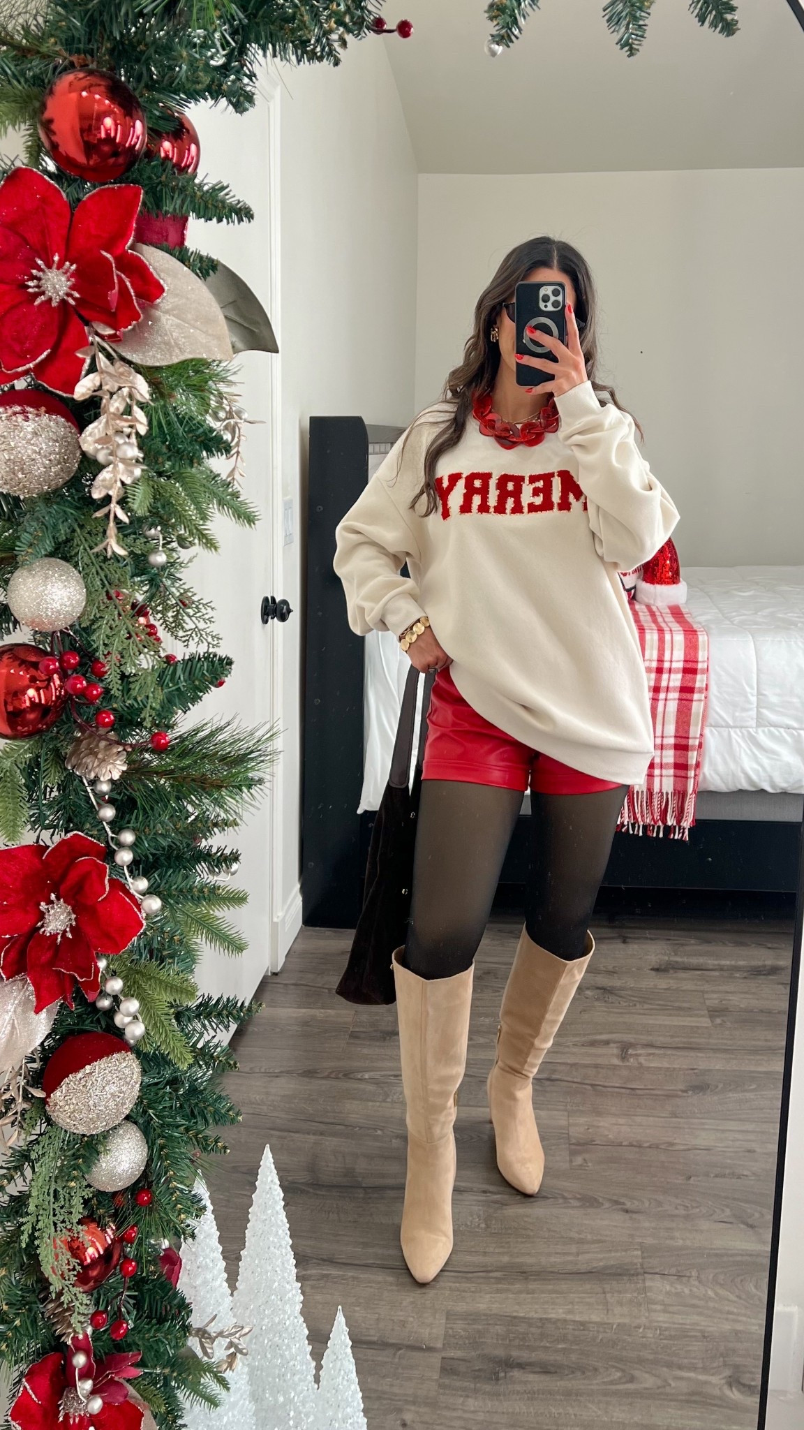 Casual holiday outfit with leather shorts. So cute

#LTKSeasonal #LTKFindsUnder50 #LTKHoliday