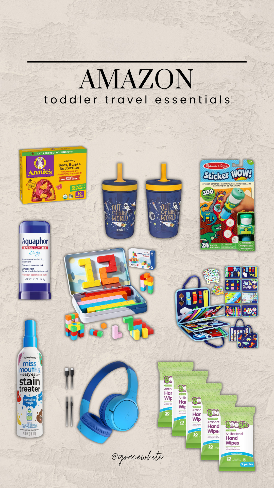 Amazon must-haves for a smooth toddler travel experience! 🛫

busy board, magnetic blocks, hand wipes, stain remover, headphones, activity pad, healing balm, sippy cups, fruit snacks, Grace White 

 #LTKTravel #LTKBaby #LTKKids