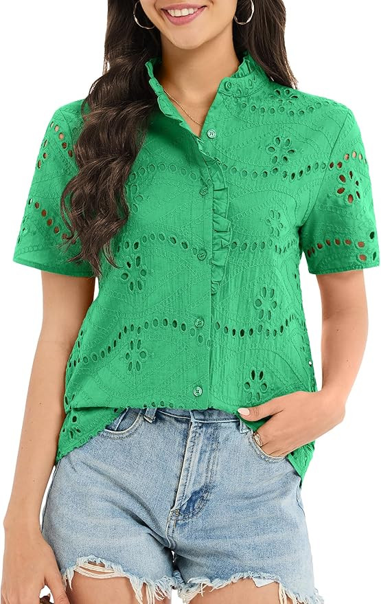 Funlingo Womens Summer Tops Dressy Casual Short Sleeve Lace Hollow Eyelet Ruffle Blouses Embroide... | Amazon (US)