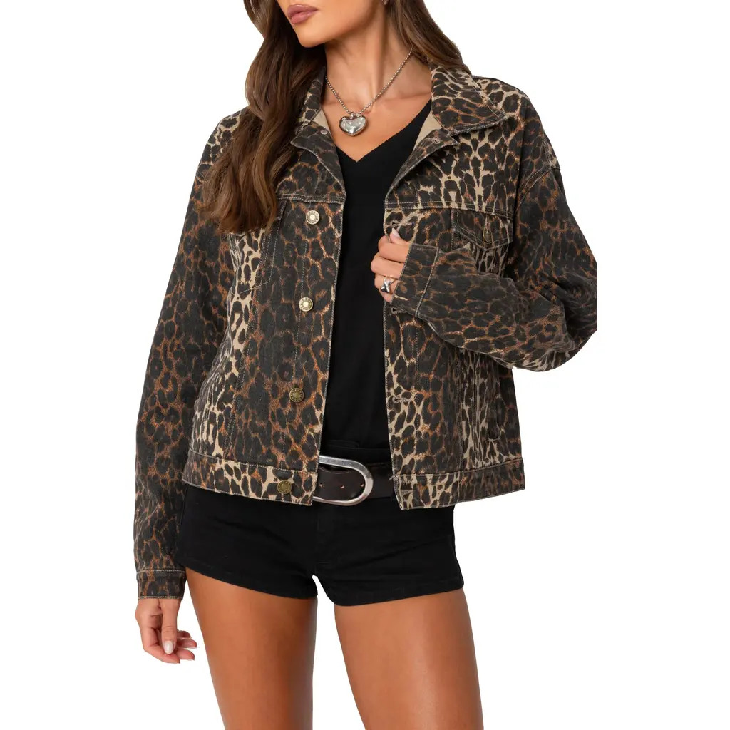 EDIKTED Leopard Print Denim Jacket at Nordstrom, Size X-Small | Nordstrom