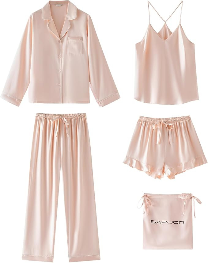 SAPJON Satin Silk Pajamas for Women Set 5PCS Classic Button Down Pajamas Top and Pants Cami and R... | Amazon (US)