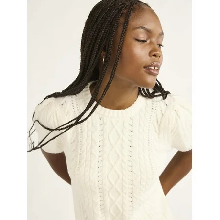 Free Assembly Women s Cable Knit Sweater with Short Puff Sleeves Sizes XS-XXL | Walmart (US)