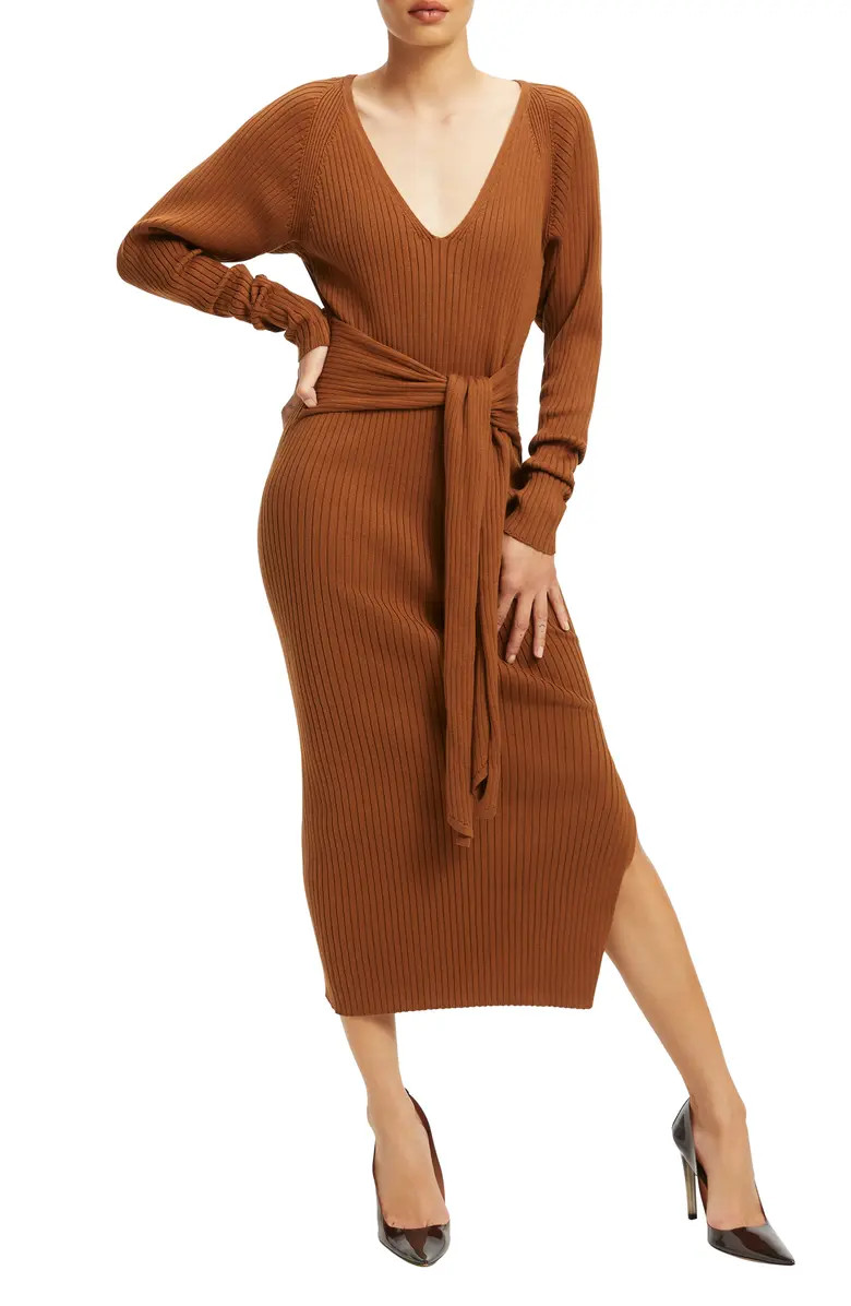 Belted Long Sleeve Cotton Blend Rib Body-Con Dress | Nordstrom