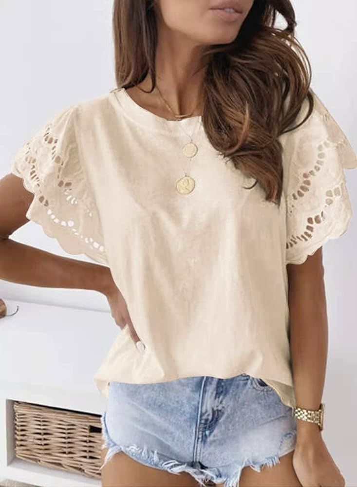 INIBUD Womens Tops Summer V Neck Ruffle Short Sleeve Tunic T Shirts Dressy Casual Basic Loose Blouse | Amazon (US)