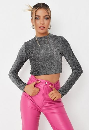 Missguided - Silver Glitter High Neck Crop Top | Missguided (US & CA)