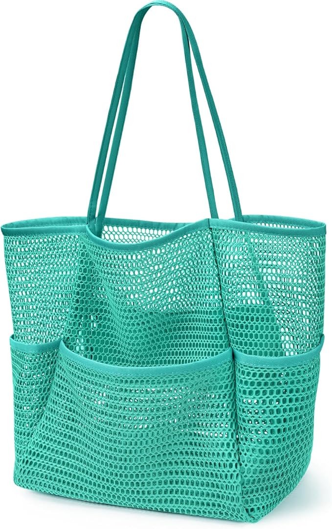 KPX Beach Bag with Mini Pocket, Summer Beach Tote Bags for Women Large Foldable Mesh Swimming Poo... | Amazon (US)