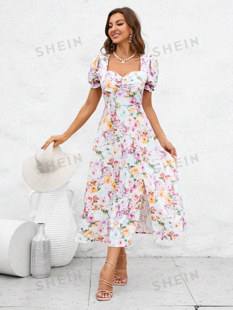 SHEIN Privé Floral Print Puff Sleeve Dress | SHEIN