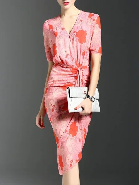 Pink V Neck Elegant Shirred Short Sleeve Wrap Dress | StyleWe (US)