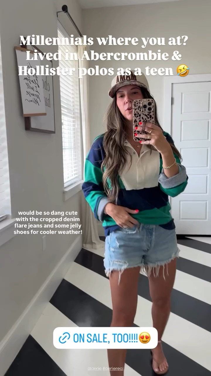 would be so dang cute with the cropped denim flare jeans and some jelly shoes for cooler weather! Millennials where you at? 
Lived in Abercrombie & Hollister polos as a teen 🤣 @aerie #aeriereal

The cutest polo perfect for fall outfits! Love the long sleeves and oversized collar! Wearing xs! 
Code Michelle15 on mama hat

#LTKmomlife #LTKSeasonal #LTKOver40