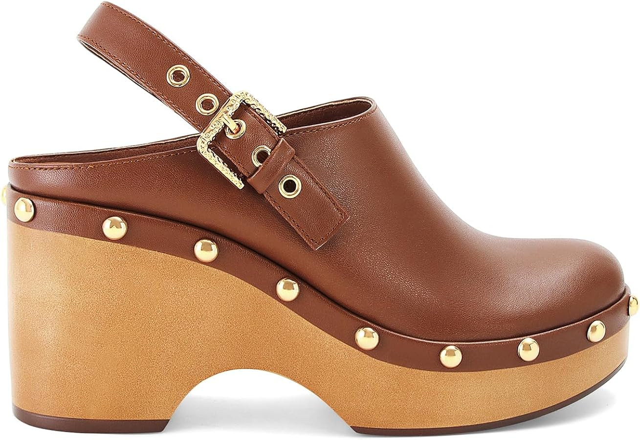 Women’s Leather Studded Clogs Closed Toe Slip on Vintage Platform Mules Wedge Heel Fall Buckle ... | Amazon (US)