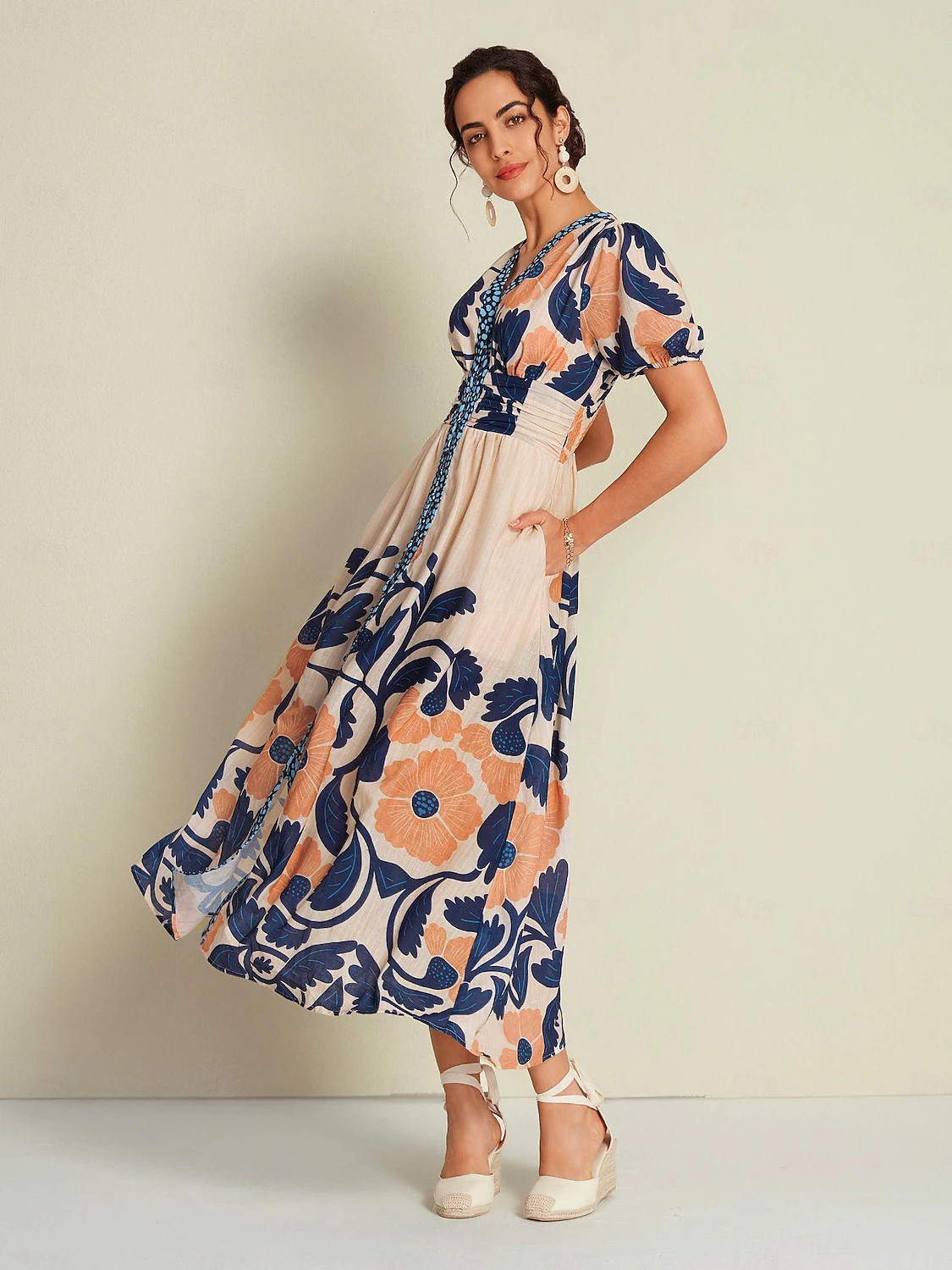 Floral High Waist Short Sleeve V Neck Maxi Dress                        #19343034 | Lightinthebox