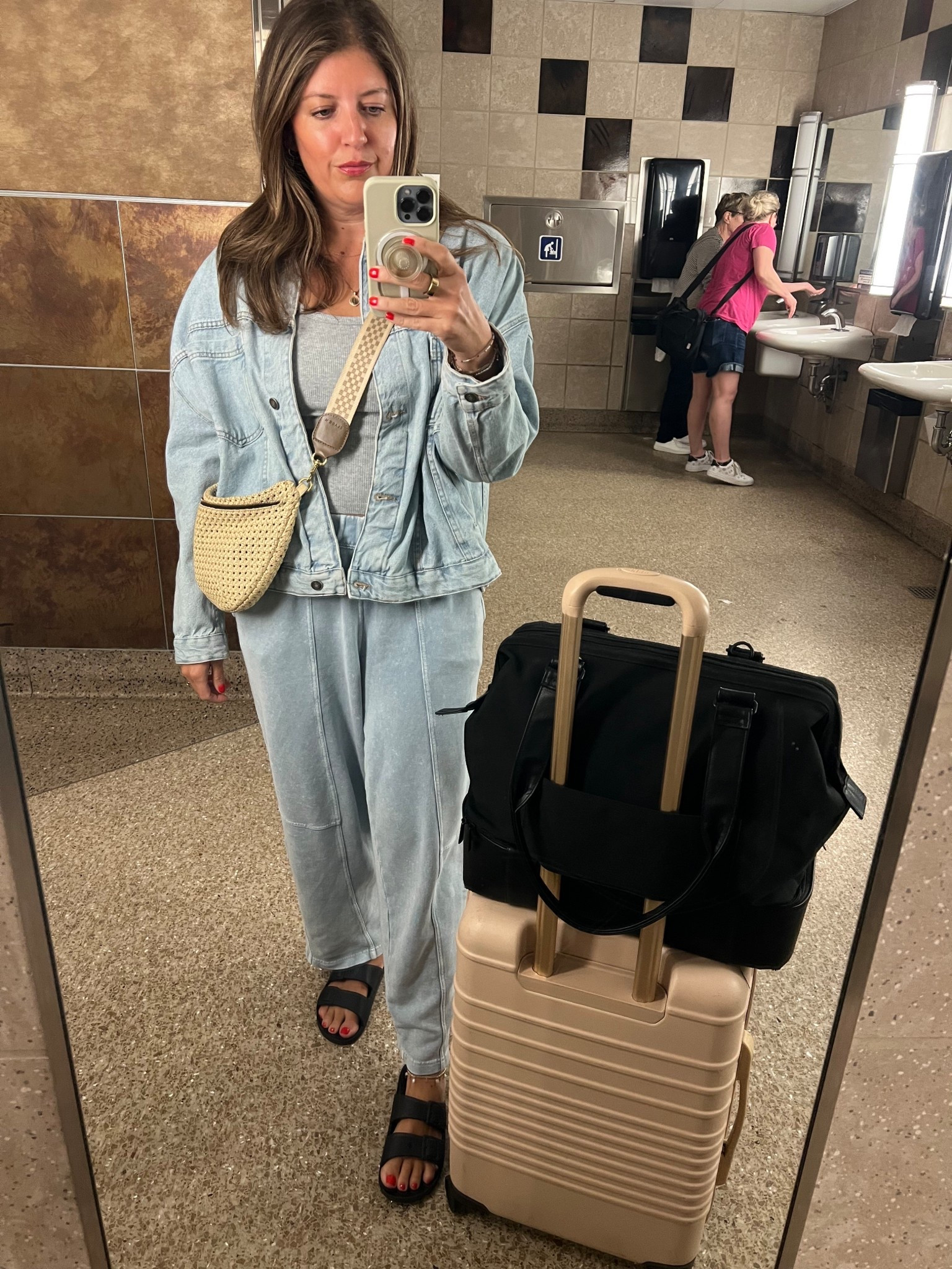 The comfiest travel  OOTD. Sweats run slightly big. Go with your regular size for a loose fit or size down one 
