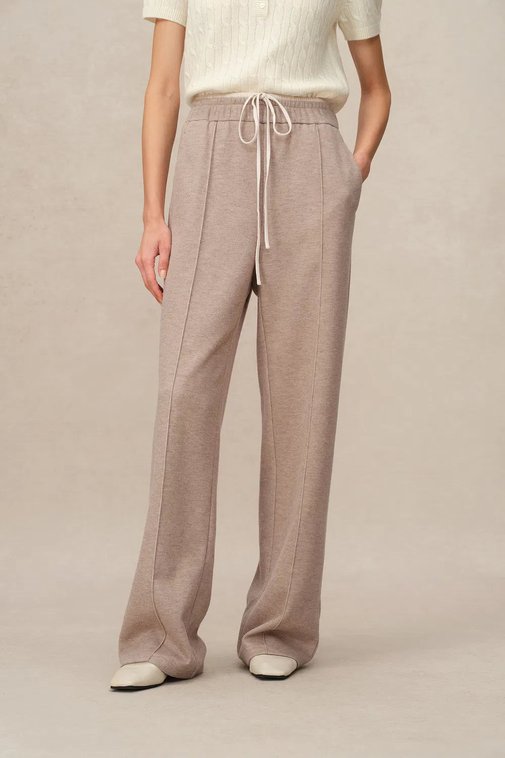 Icy Double Waistband Casual Trousers in Wool Blend Terry Knit | Fabrique