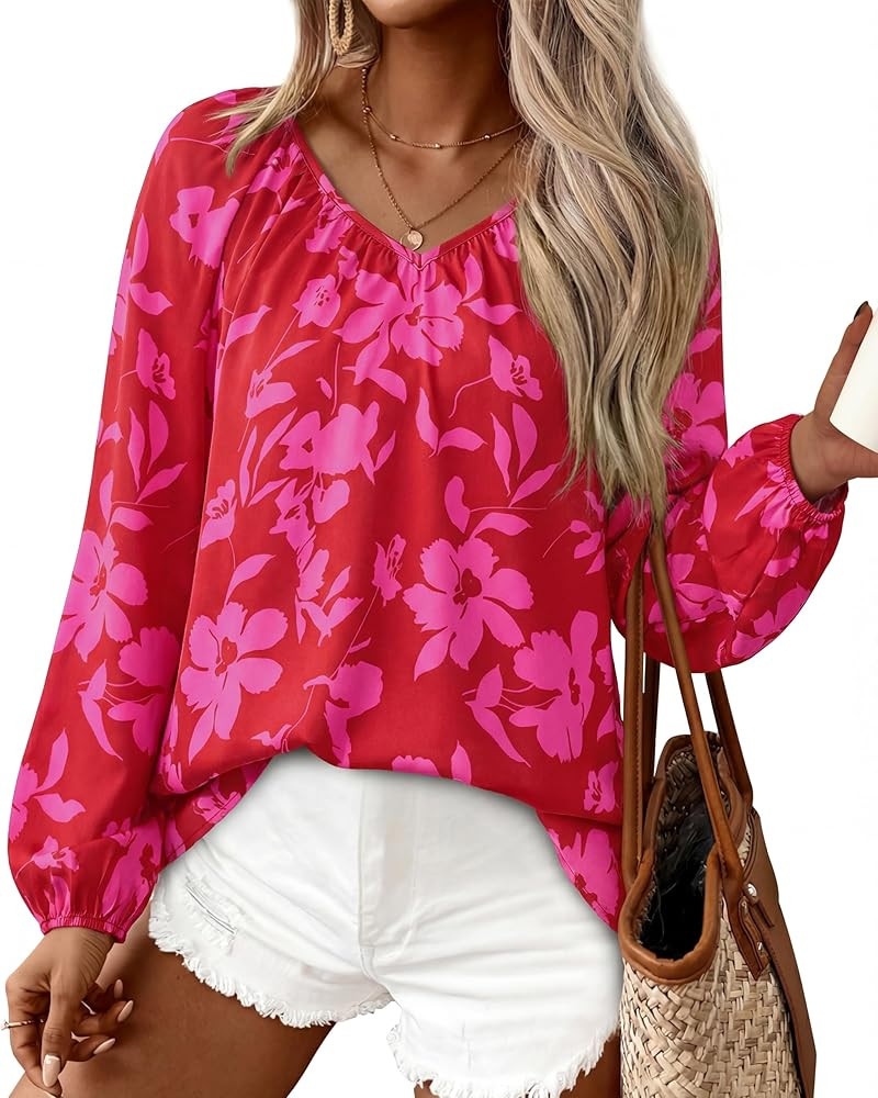Zenlonr Womens Summer Tops Dressy Casual 2026 V Neck Satin Silk Printed Shirts Boho Long Sleeve W... | Amazon (US)