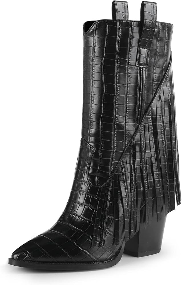 ISNOM Size 7 Fringe Cowboy Boots for Women, with Sassy Tassel and Block Heel Design | Amazon (US)
