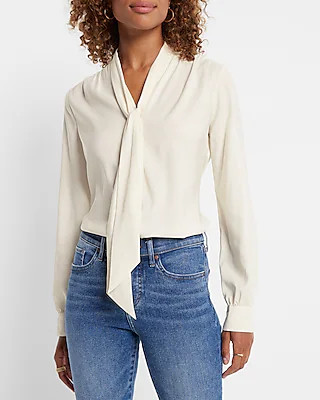 Satin Long Sleeve Tie Neck Portofino Shirt | Express