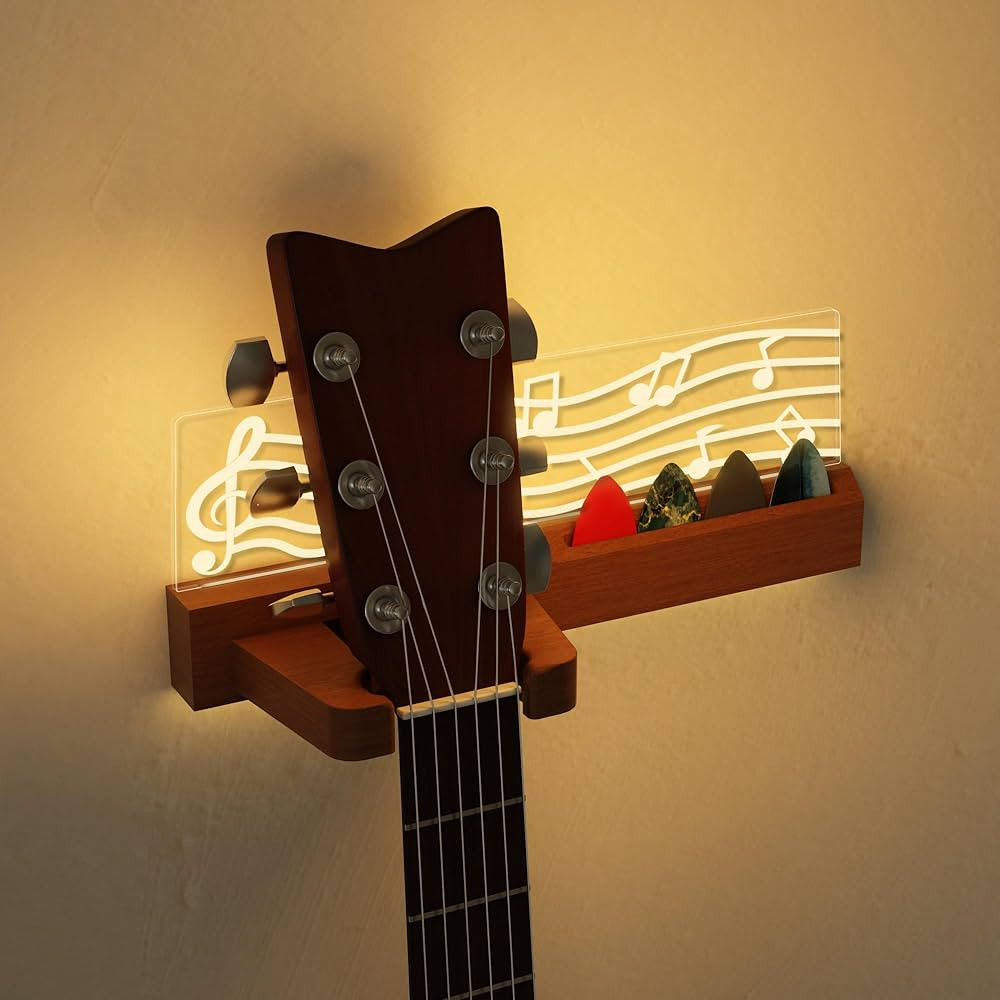 Light Up Guitar Stand Wall Mount, Solid Wood Guitar Hanger Shelf with Pick Holder, for Acoustic E... | Amazon (US)