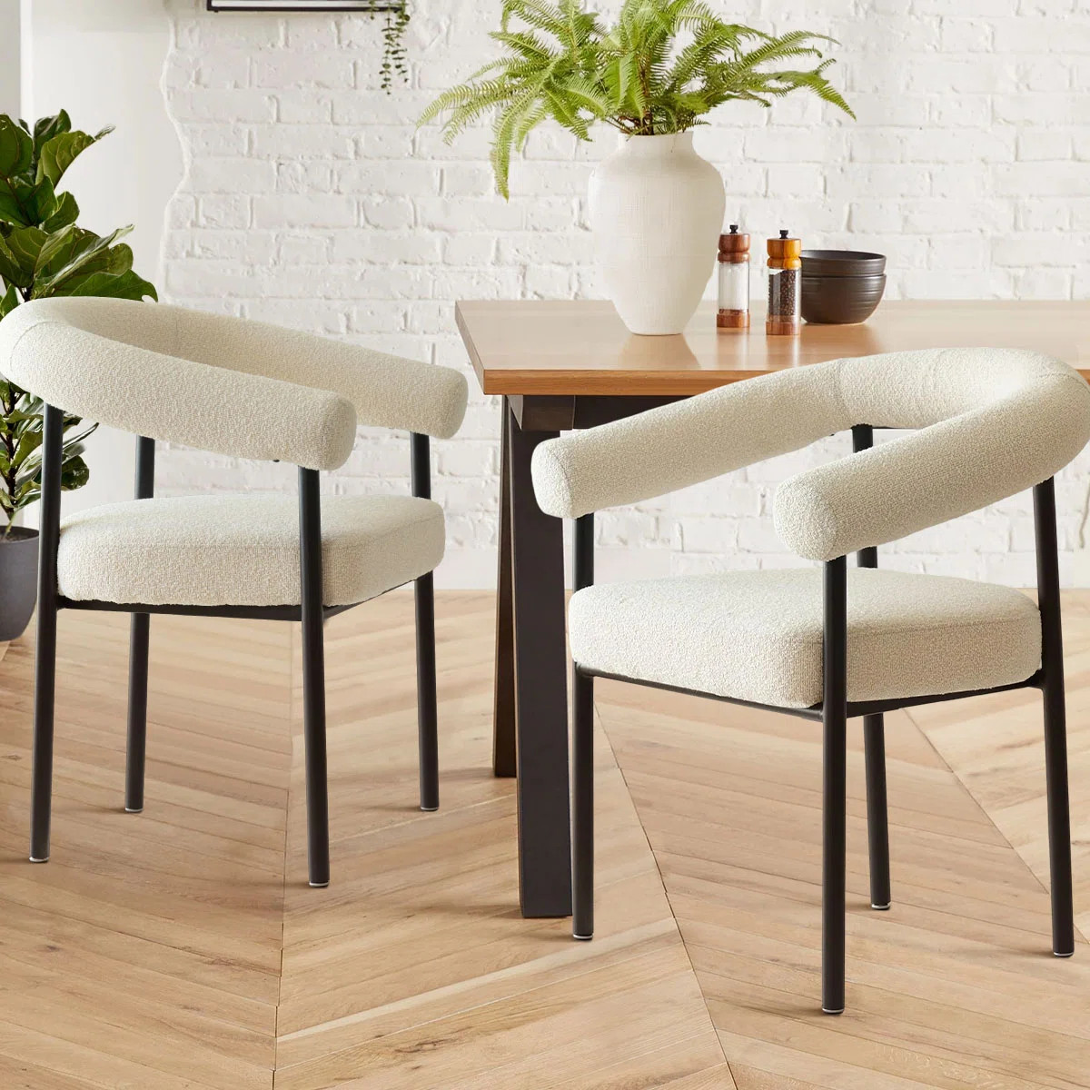 Modern Boucle Upholstered Dining Chair with Curved Arms (Set of 2) | Wayfair North America