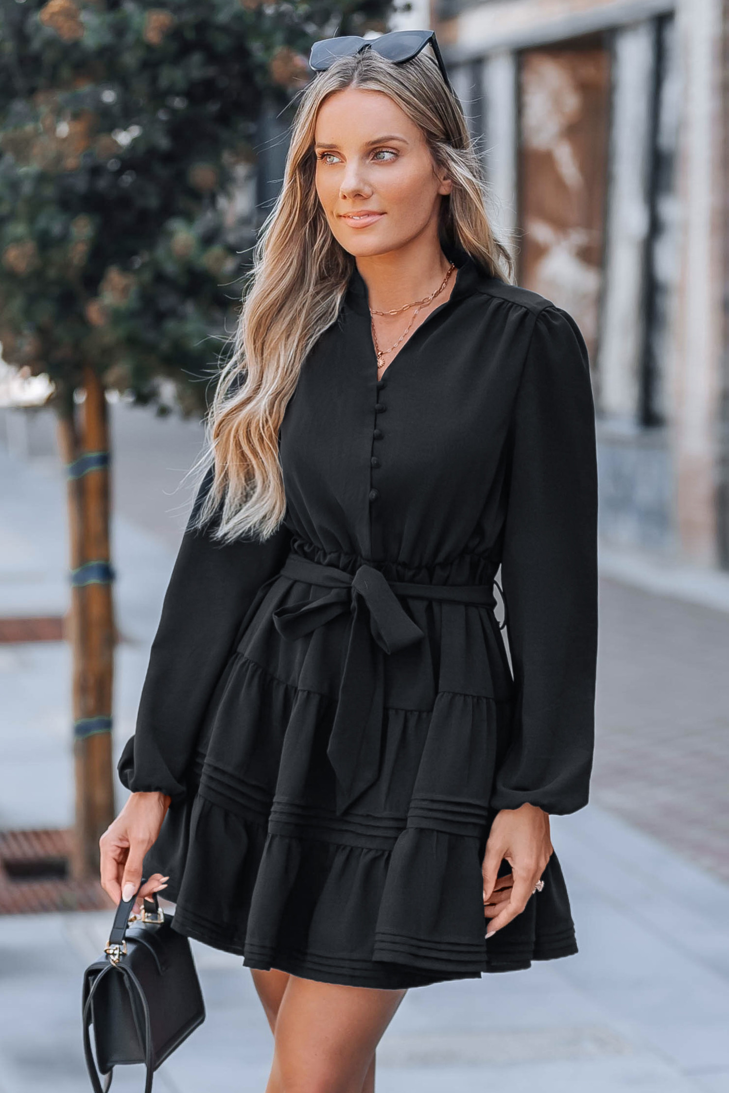 NewBlack Belted Bubble Sleeve Mini Dress | Cupshe US