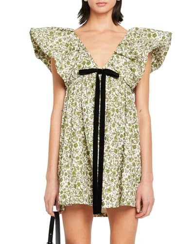 hibshaby Women's Floral Print Mini Dress V Neck Puff Sleeve Short Babydoll Bow Dress M | Amazon (US)