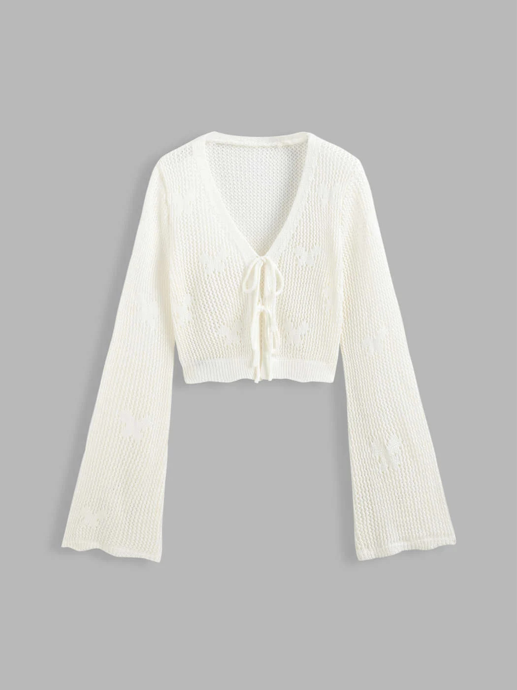 Knit Crochet Hollow Out Bell Sleeve Knotted Oversized Cardigan CHF 34.90 | Cider