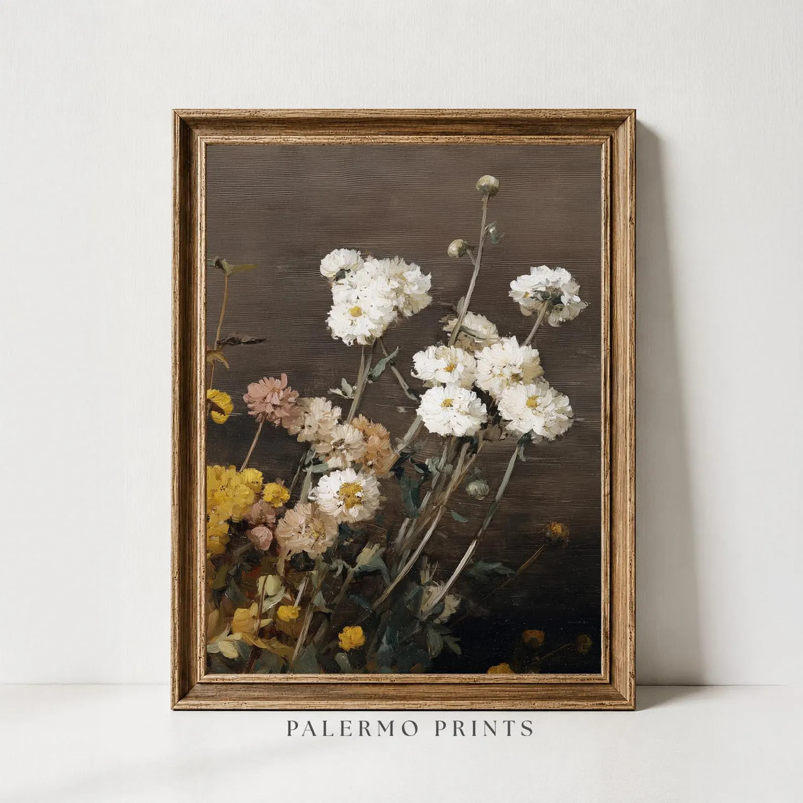 Yellow & White Pom Poms - Floral Wall Art - Vintage Flower Painting - Dark Botanical Print | Digi... | Etsy (Global)