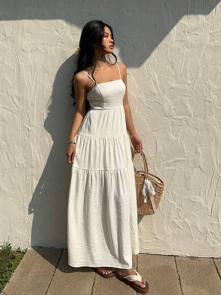 Sunnyshic Light Apricot Textured Fabric Pleated Tube Top Wide Loose Waist Dress With Spaghetti Straps, Relaxed Vacation Style | SHEIN