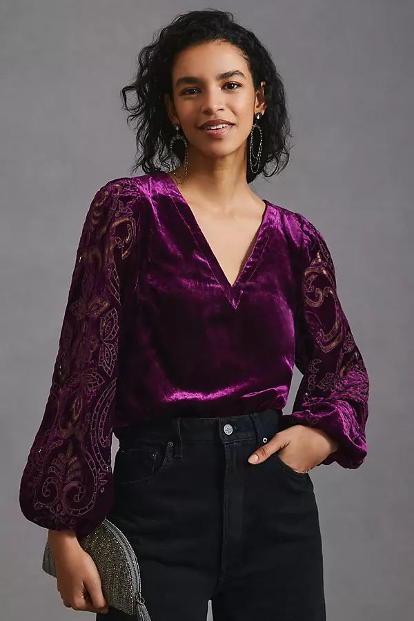 By Anthropologie Velvet Cutwork Top By By Anthropologie in Purple Size XXS | Anthropologie (US)