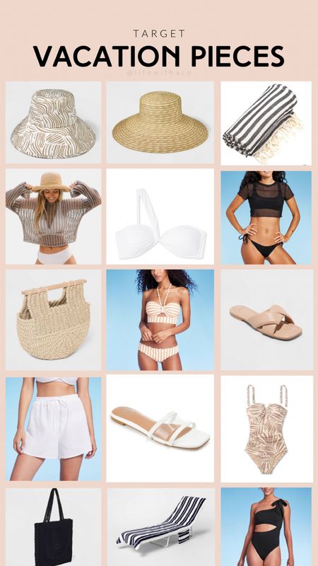 Vacation essentials, beach vacation must haves, target beach vacation finds, swimsuits and hats for vacation, what to wear on vacation to the beach or resort