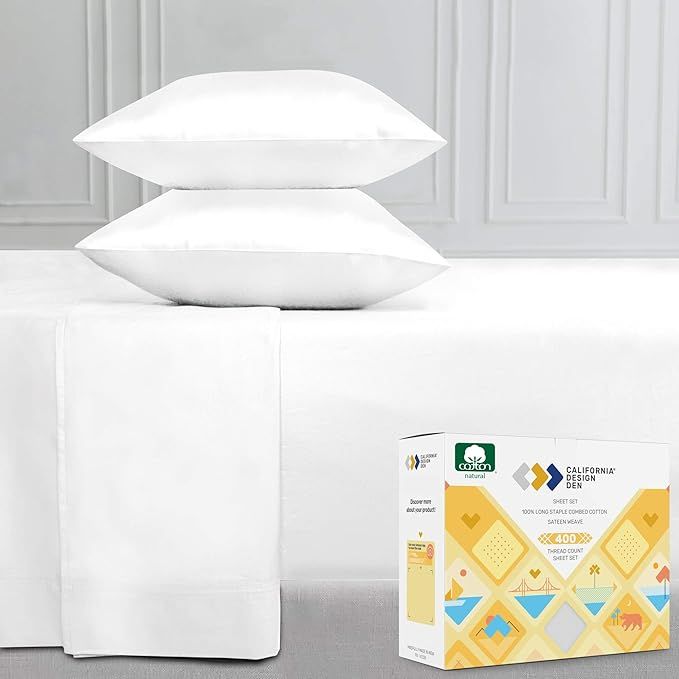 400-Thread-Count 100% Cotton Sheet Pure White Queen-Sheets Set, 4-Piece Long-Staple Combed Cotton... | Amazon (US)