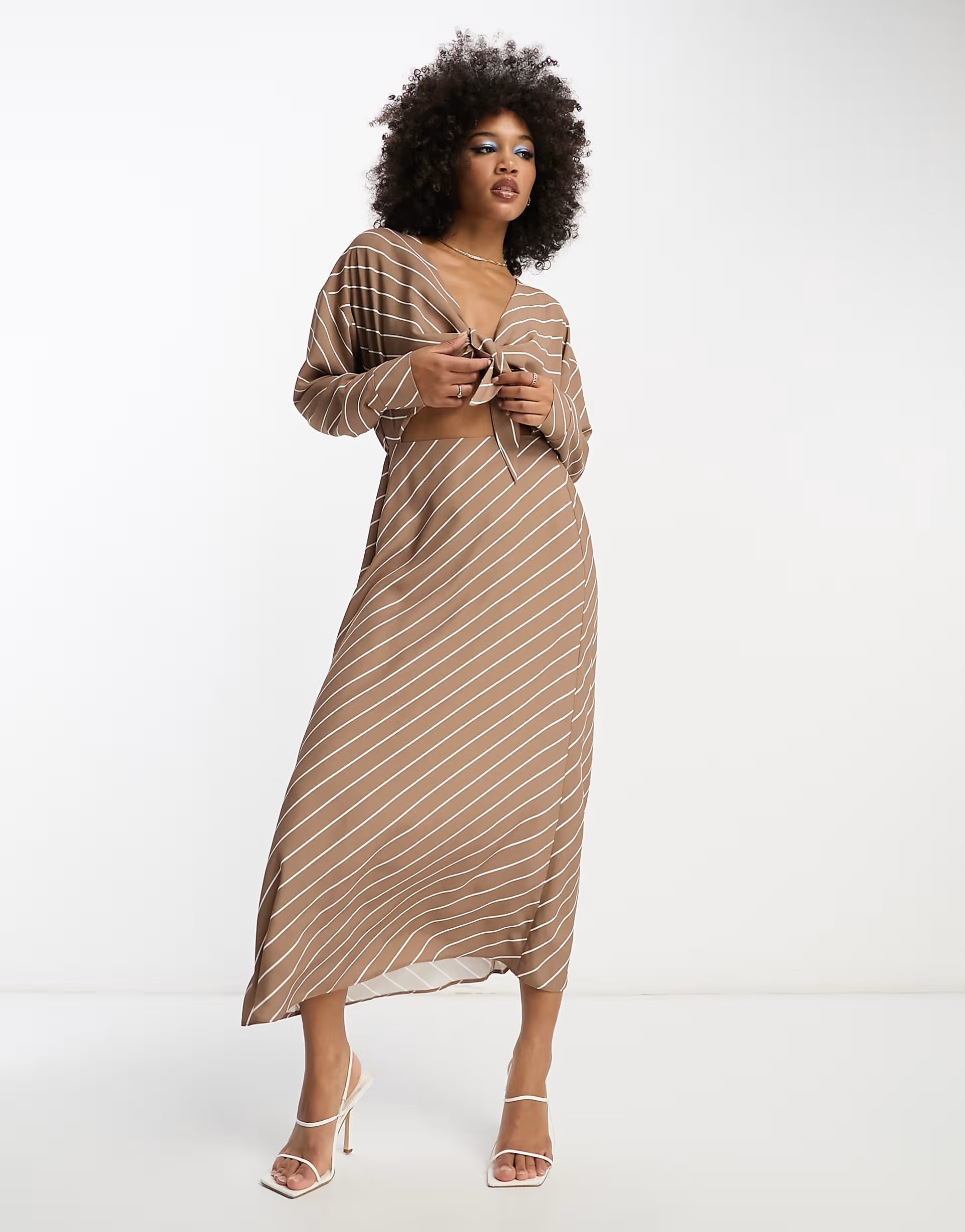 ASOS DESIGN cut out waist long sleeve midi dress in brown and white stripe | ASOS (Global)