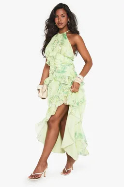 Dresses | Floral Halterneck Chiffon Ruffle Detail Maxi Dress | boohoo | Boohoo.com (UK & IE)