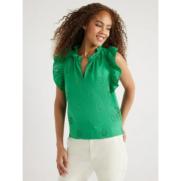 Free Assembly Women's Cotton Sleeveless Flutter Eyelet Top, Sizes XS-XXL - Walmart.com | Walmart (US)