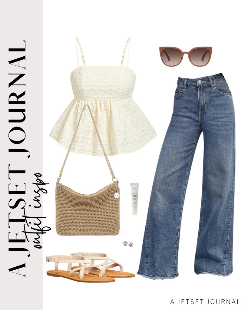 The next outfit idea pairs a flowy peplum top with Trendy Queen’s wide-leg jeans. It’s a perfect option for casual to semi-formal events. The Sak’s crossbody purse and flat strappy sandals are perfect for this look. Pair these oversized cat-eye sunnies and apply a smooth coat of Naturium lip balm to finish the look. 

#LTKSeasonal #LTKSaleAlert #LTKTravel 

 
